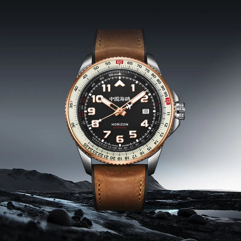 Sea Gull PILOT Skyline Collection Automatic Mechanical Movement Rubber Band Strap Watch Men's Watches Black Dial-3