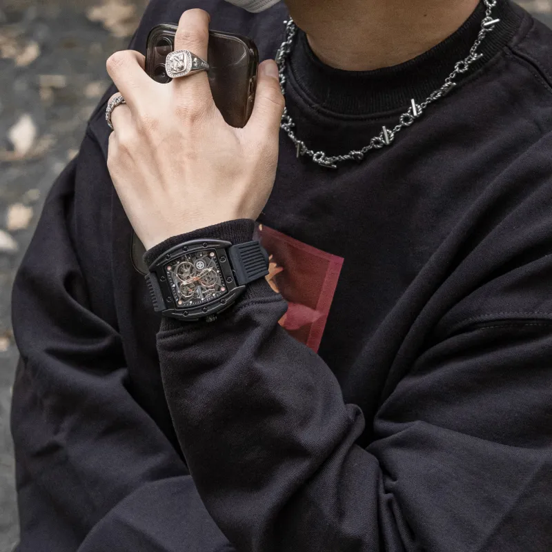 FAIRWHALE Pioneer Collection Black Men's Watch Automatic Mechanical Movement Silicone Strap Watch Unisex Cut Out Dial-11