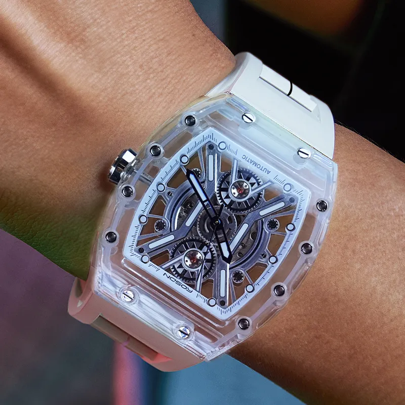 ROSDN Trendy Fashion Collection Automatic Mechanical Movement Silicone Strap Watch Men's Watches Cut Out Dial G2702-10