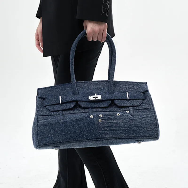 Margin Goods Yarn Fabric Handbag Large Size Women's Blue-4