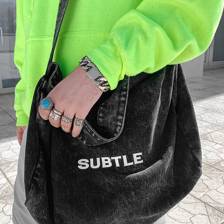 Subtle Washed Denim Shoulder Bag, Crossbody Bag, Fitness Bag, Travel Bag Unisex Nebula Black/Berry Blue/Stone Gray-5