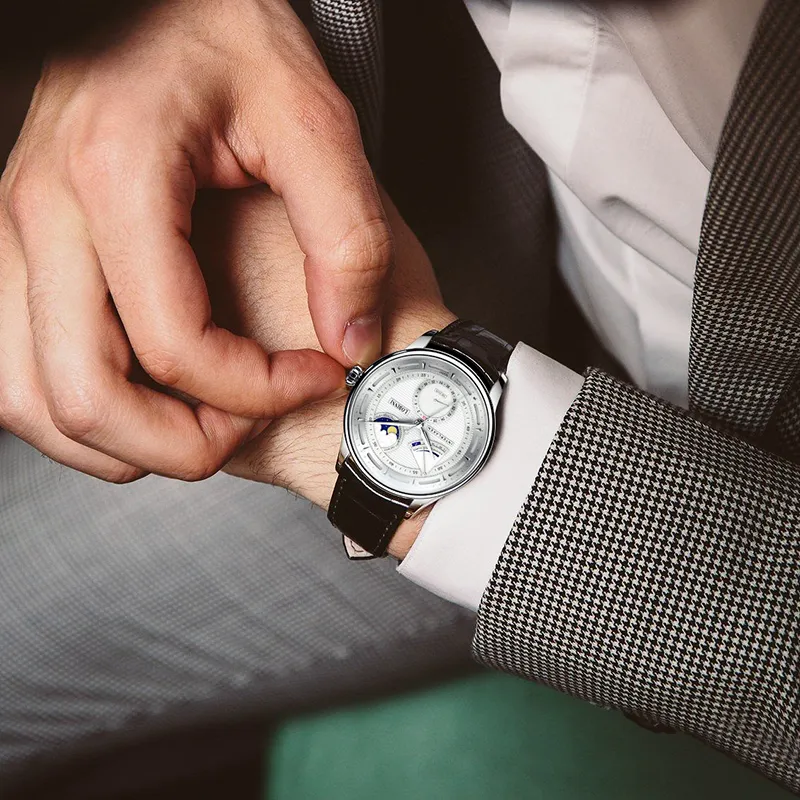 LOBINNI L Automatic Mechanical Movement Genuine Leather Strap Watch Men's Watches White Dial-4