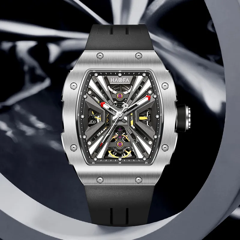 HaofaTourbillon Mechanical Movement Rubber Strap Watch Men's Watches Silver Dial-6