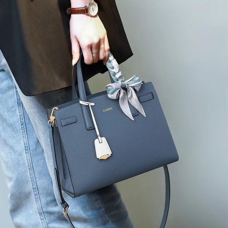 VINEY Cow Leather Handbag, Shoulder Bag, Crossbody Bag, Mom Bag Tubas Women's Gray Blue-1
