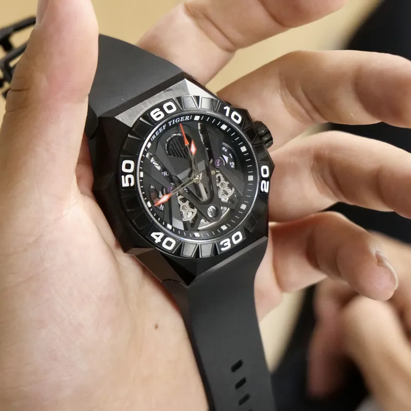 REEF TIGER Black Shark Collection Automatic Mechanical Movement Watch Men's Watches Black Dial RGA6922-BBR-7