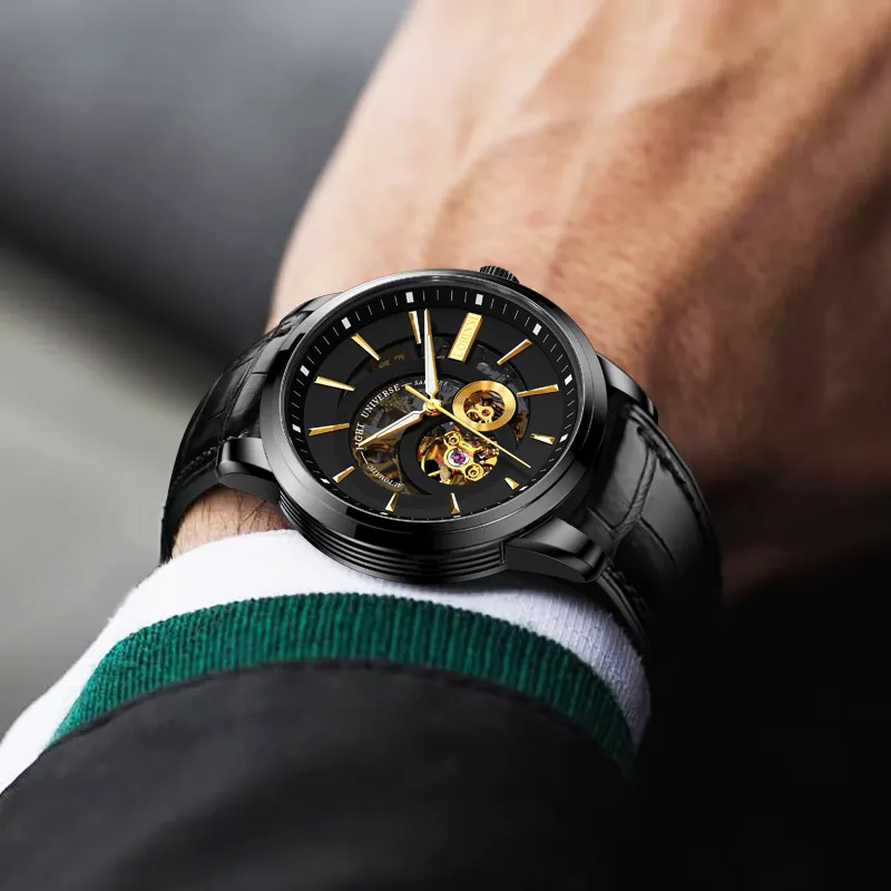 LOBINNI L Automatic Mechanical Movement Genuine Leather Strap Watch Men's Watches Black Dial-11