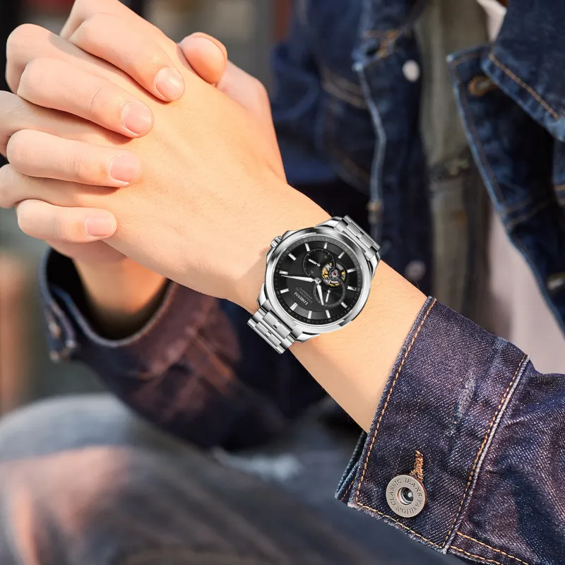 LOBINNI L Automatic Mechanical Movement Genuine Leather Strap Watch Men's Watches Silver Dial-5