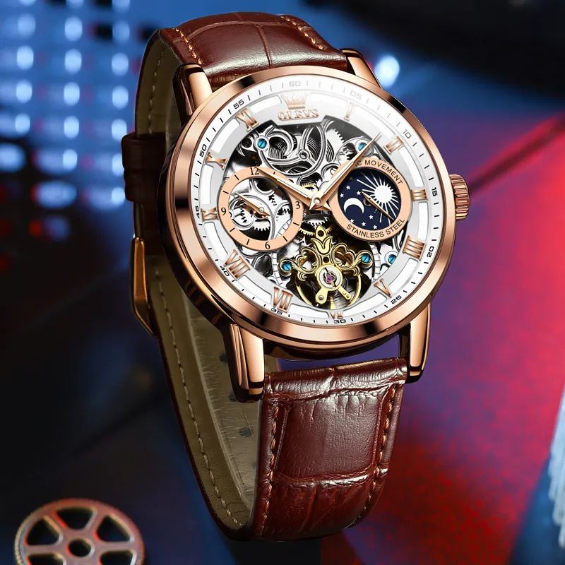 OLEVS Play The Cool Series Mechanical Movement Leather Watch Bands Watch Men's Watches Black Dial-19