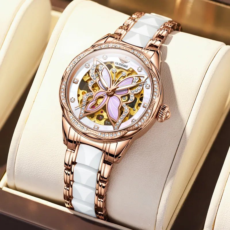Oupinke AIR-BORN Collection Ceramic Rhinestone-Embellished Mechanical Movement Watch Women's Watch White Dial-2