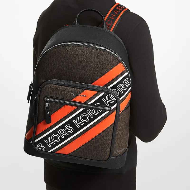 MICHAEL KORS Hudson Artificial Leather Laminated Fabric Backpack Large Size Men's Dark Brown & Black & Orange Red-3