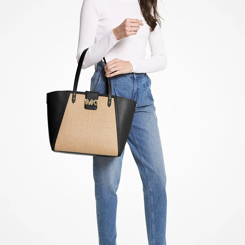 MICHAEL KORS Karlie Cow Leather Handbag Large Size Women's Straw Color/Black-4