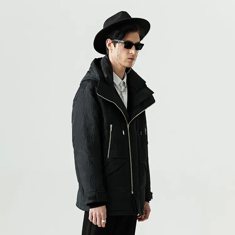 DAVID NAMAN Solid Color Hooded Loose Fit Thickened Mid Length Down Jacket Men's Black-5