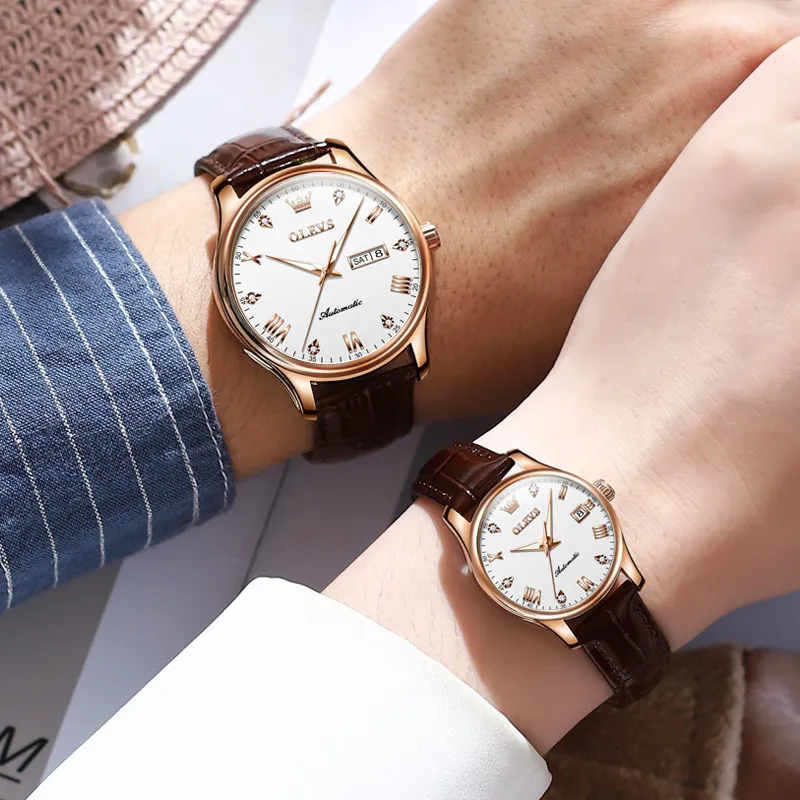OLEVS Heart to Heart Knot Collection Mechanical Movement Leather Strap Watch Unisex White Dial-4