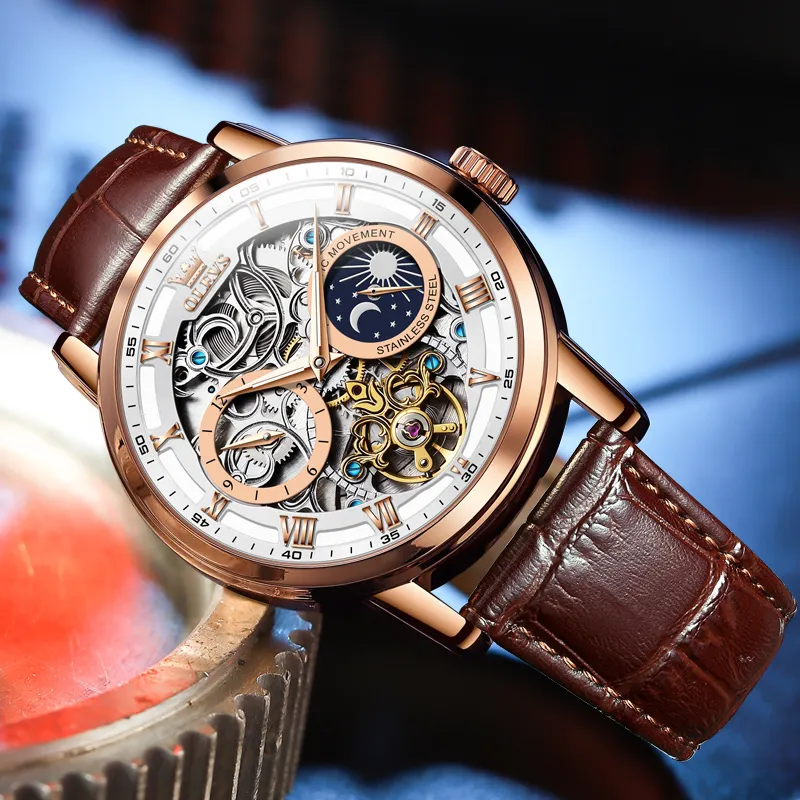 OLEVS Play The Cool Series Mechanical Movement Leather Watch Bands Watch Men's Watches Black Dial-18