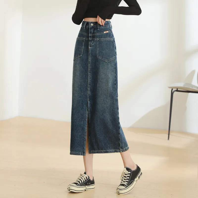 MITUAN Denim Long Skirts Women's Vintage Blue-4
