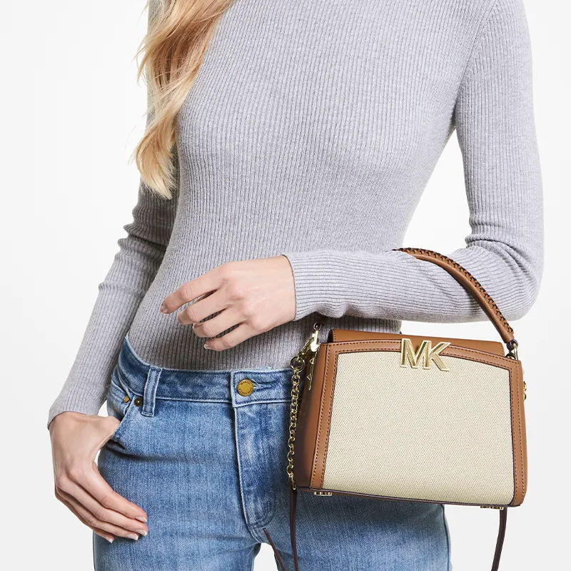 MICHAEL KORS Karlie Fabric Backpack, Shoulder Bag, Crossbody Bag, Handbag Small Size Women's Natural/Leather Brown-4