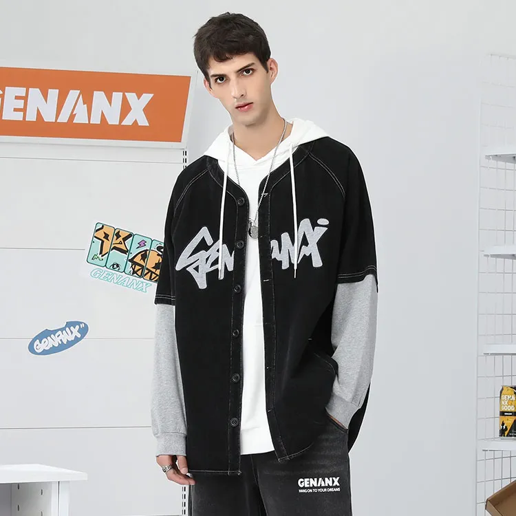GENANX Loose Fit Mock Two Piece Jacket Unisex Black-4