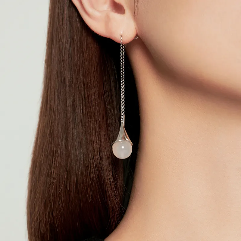 BAILAN BN 925 Sterling Silver White Agate Drop Earrings Women's-2