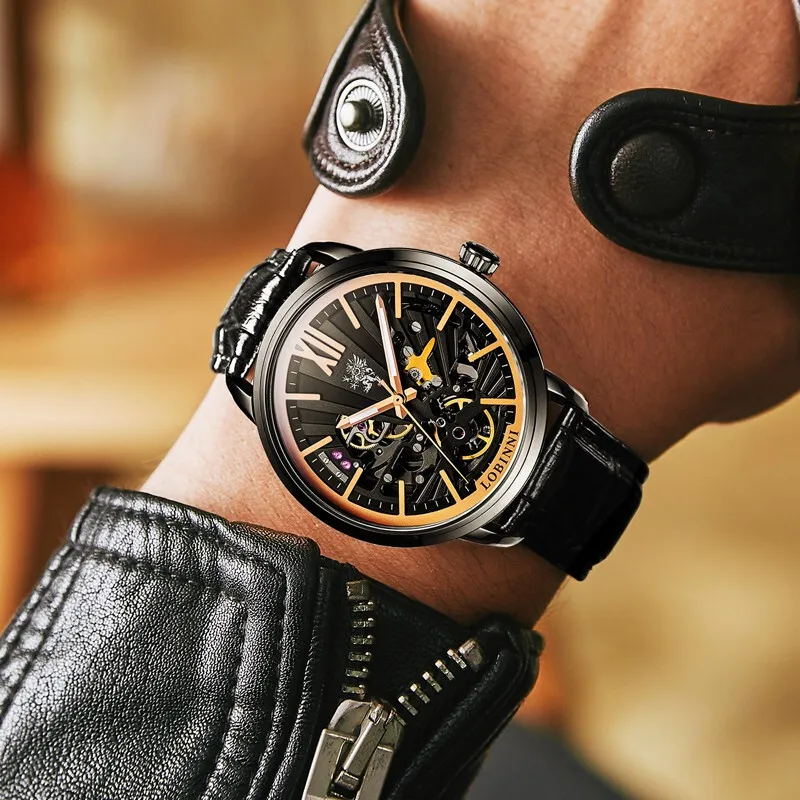 LOBINNI L Mechanical Movement Genuine Leather Strap Watch Men's Watches Cut-Out Dial-23