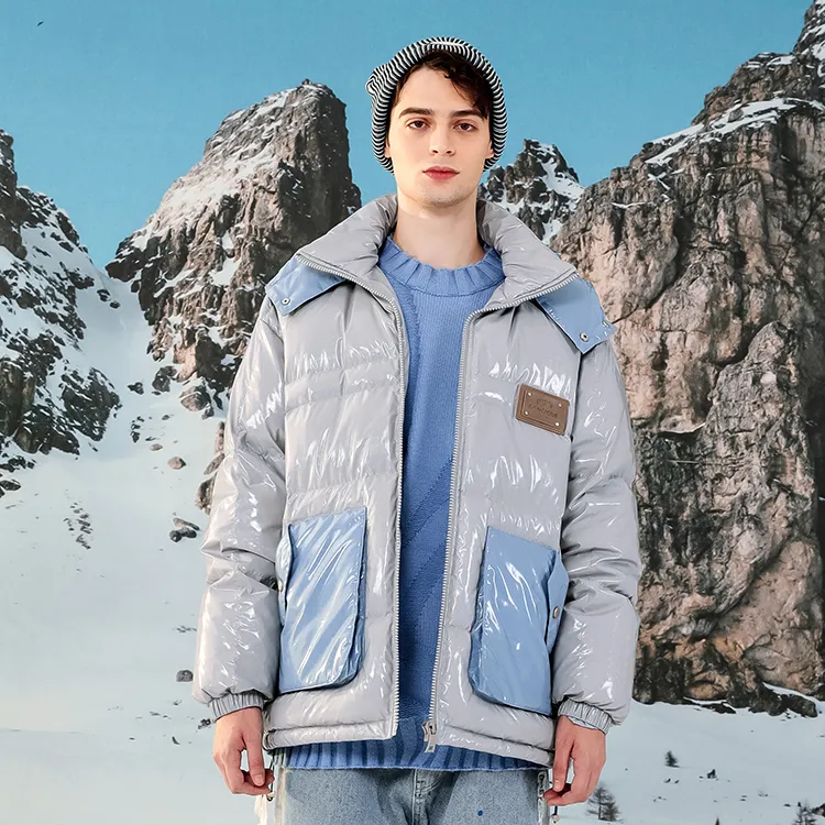 LAMLICKA Solid Color Hooded Loose Fit Thickened Down Jacket Unisex Gray-2