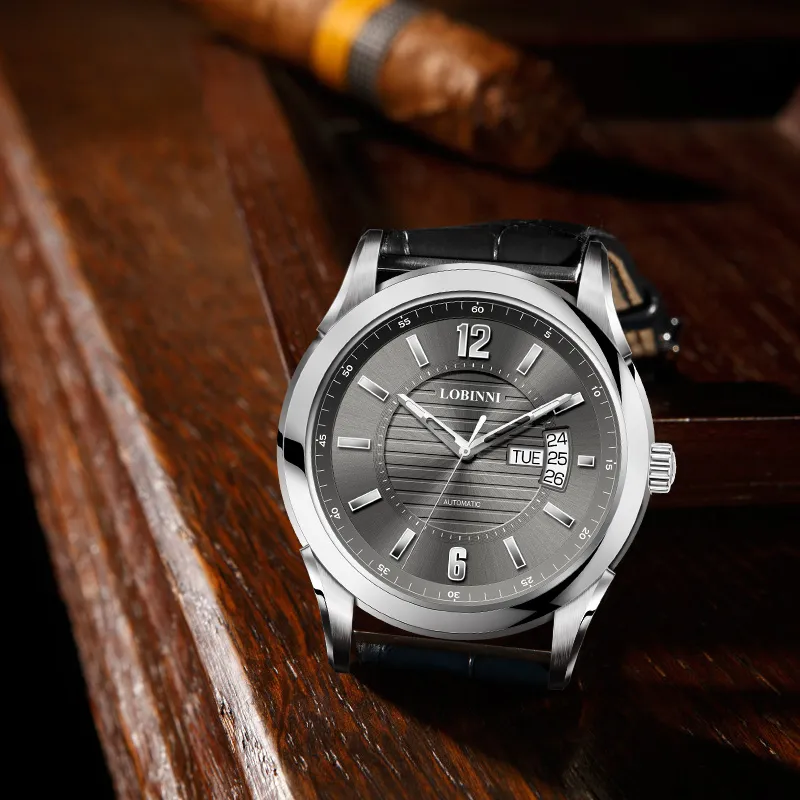 LOBINNI L Automatic Mechanical Movement Genuine Leather Strap Watch Men's Watches Silver Dial-19