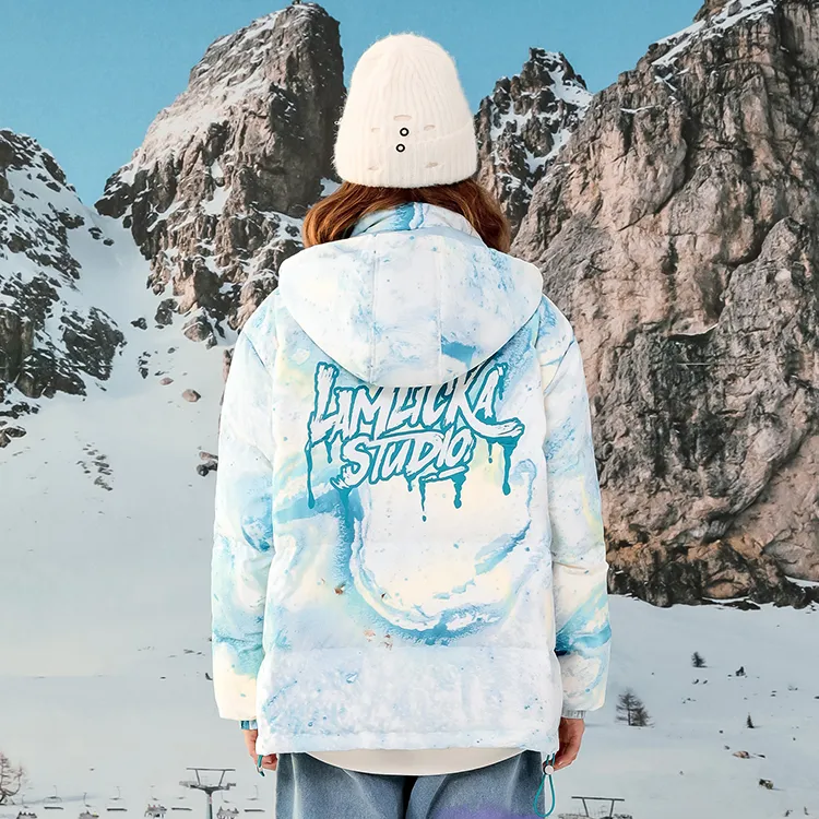 LAMLICKA Hand Drawn Letter Hooded Loose Fit Thickened Down Jacket Unisex Multicolor-2