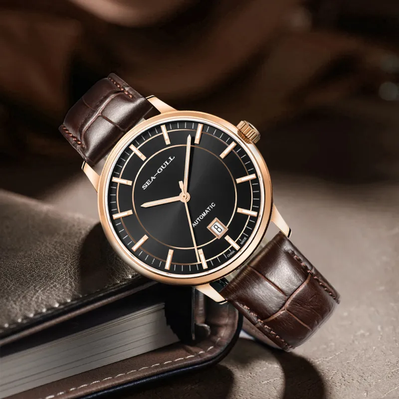 Sea Gull Business Formal Collection Automatic Mechanical Movement Genuine Leather Strap Watch Men's Watches Black Dial-7