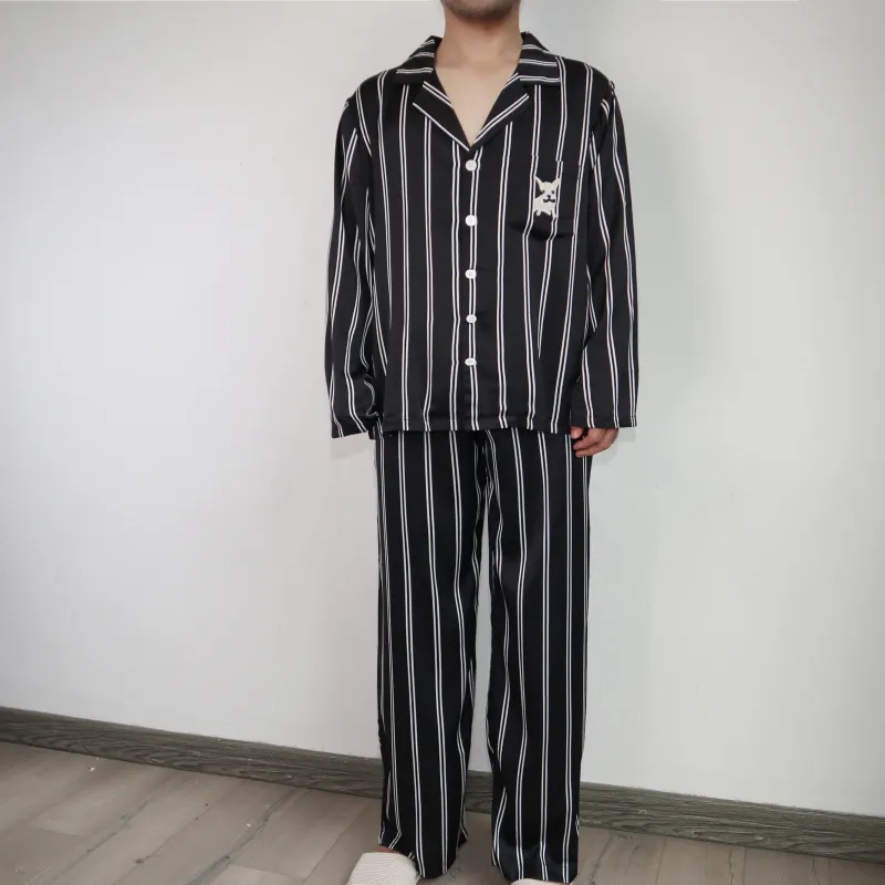 Flow Yarn Ice Silk Stripes Thin Long Sleeved Spring And Fall Summer Unisex Two Piece Set Black-3