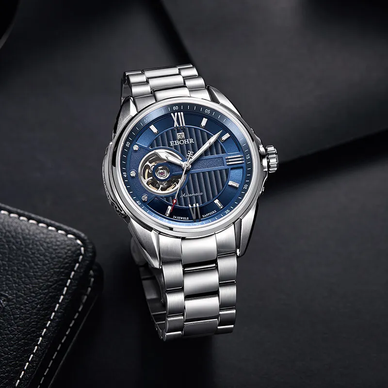 EBOHR Mechanical Movement Stainless Steel Strap Watch Men's Watches Blue Dial 17020111-4