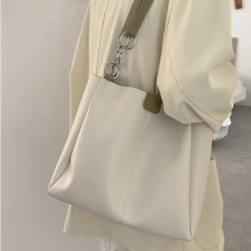 VINEY Cow Leather Tote Bag, Shopping Bag, Shoulder Bag Large Size Women's White & Green-4