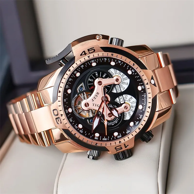 REEF TIGER Mechanical Movement Steel Strap Watch Men's Watches Black Dial-5