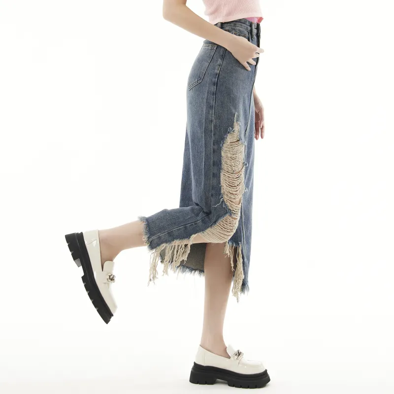 QYPRF Denim Long Skirts Women's Blue-2