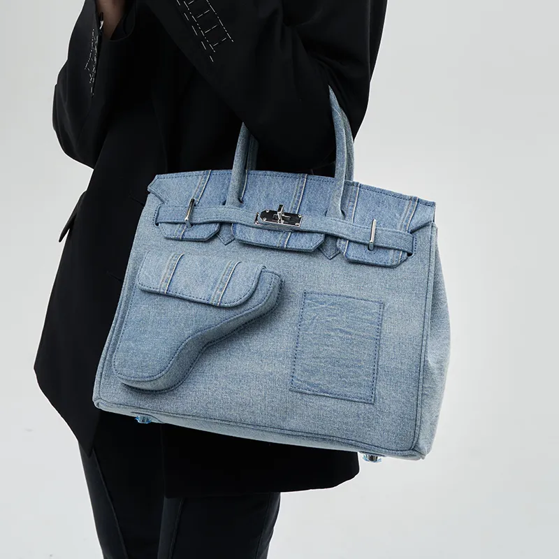 Margin Goods Cotton Handbag Women's Blue-12