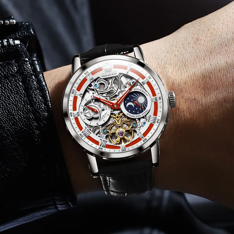 OLEVS Play The Cool Series Mechanical Movement Leather Watch Bands Watch Men's Watches Black Dial-2
