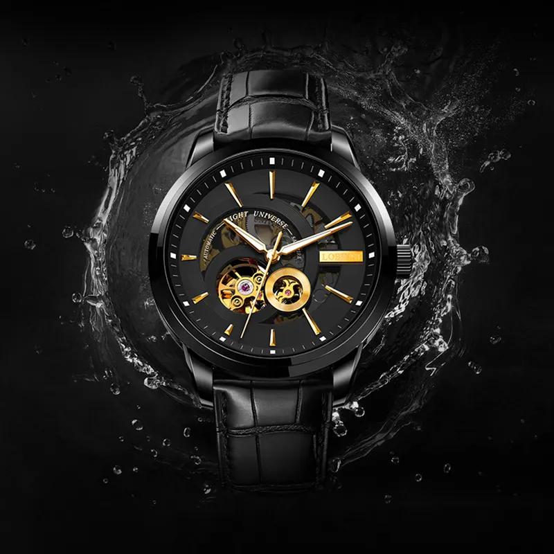 LOBINNI L Automatic Mechanical Movement Genuine Leather Strap Watch Men's Watches Black Dial-3