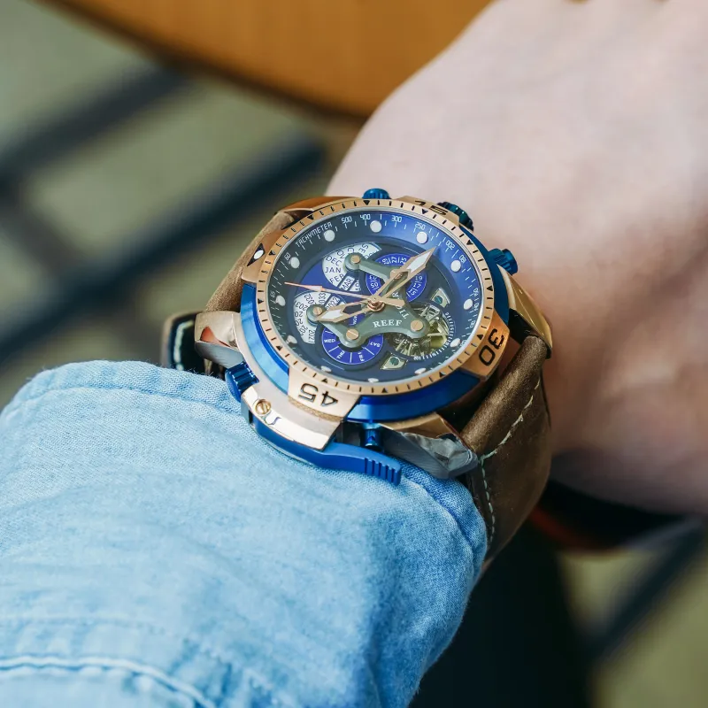REEF TIGER Automatic Mechanical Movement Genuine Leather Strap Watch Men's Watches Black Dial-5