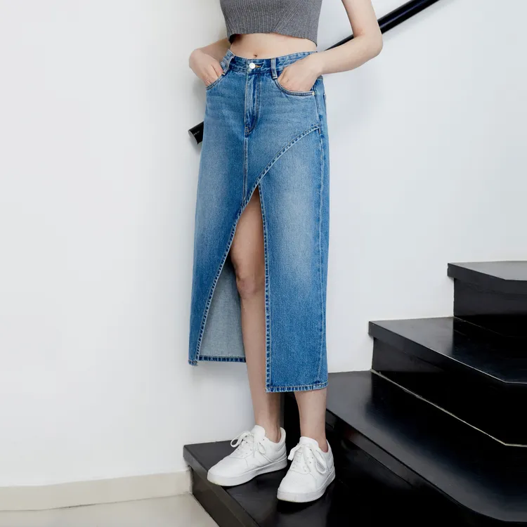 MO&CO Denim Long Skirts Women's Denim Blue-3