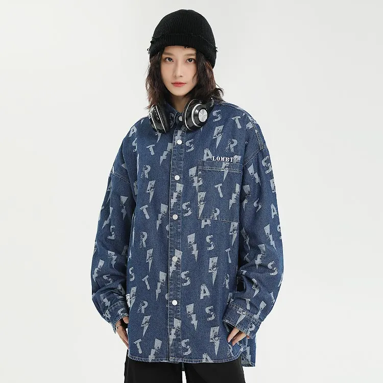 LOMBT Letter All Over Print Heavy Washed Denim Shirt Spring And Autumn Unisex Blue-2