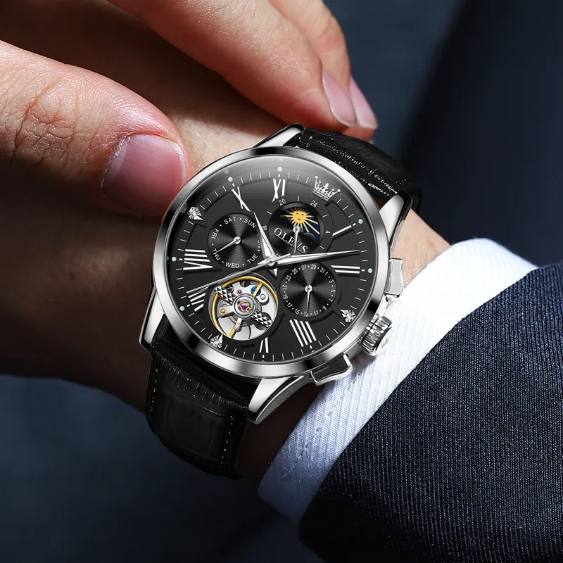 OLEVS Wisdom Series Mechanical Movement Leather Strap Watch Men's Watches Black Dial-10