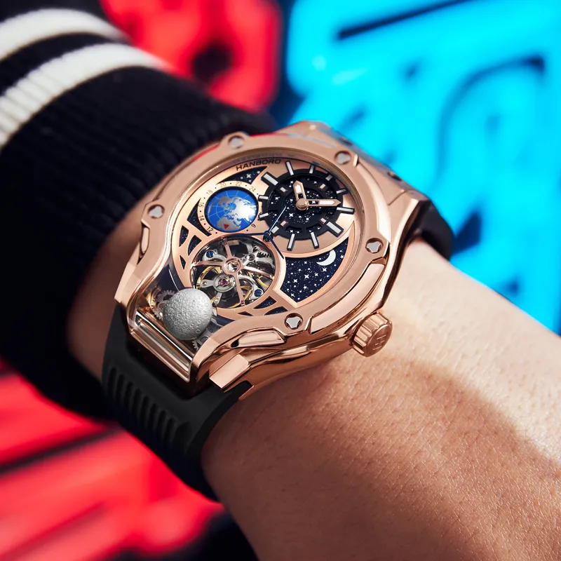 HANBORO Three Body Starry Sky Collection Automatic Mechanical Movement Watch Unisex Gold Dial HBR980 MH-2