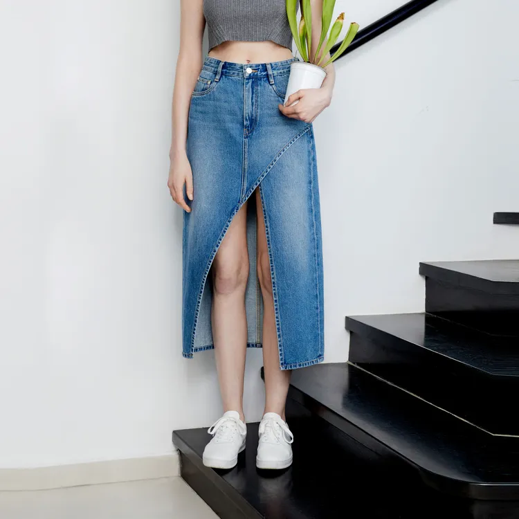 MO&CO Denim Long Skirts Women's Denim Blue-2