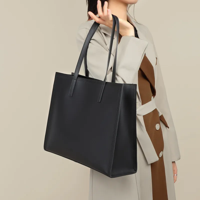 VINEY Cow Leather Shoulder Bag Handbag Tote Bag Shopping Bag Large Size Women's Black-3