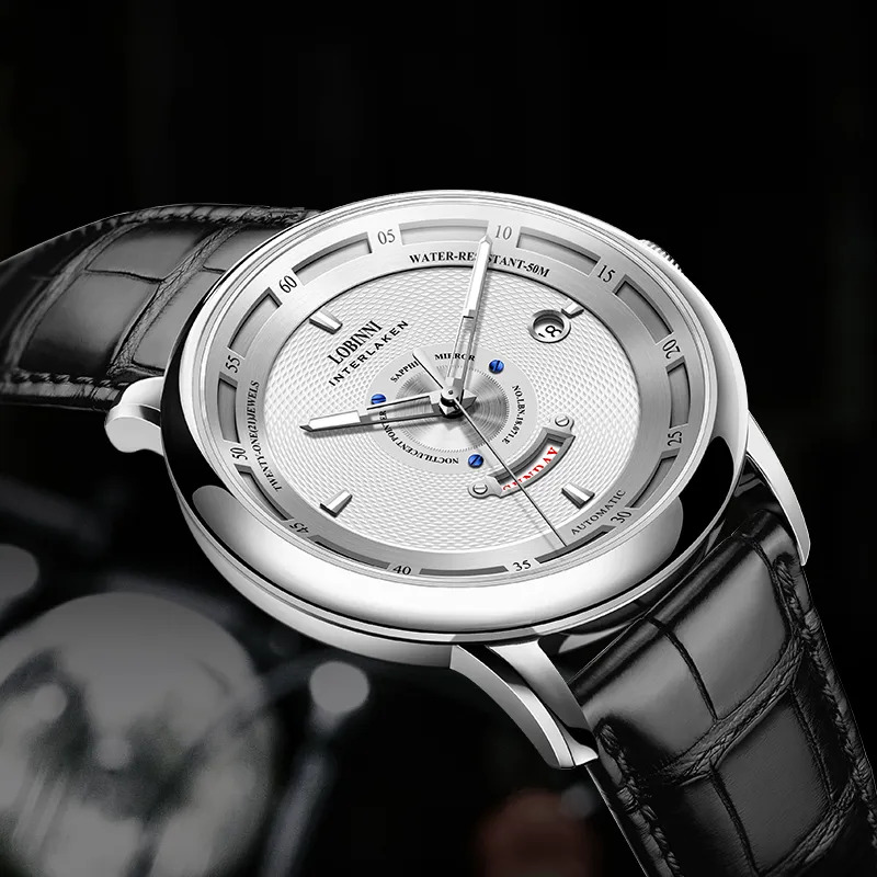 LOBINNI L Automatic Mechanical Movement Genuine Leather Strap Watch Men's Watches Black Dial-16
