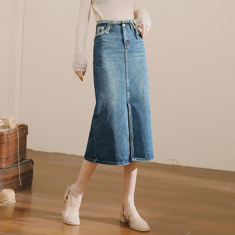 MITUAN Denim Long Skirts Women's Blue-2