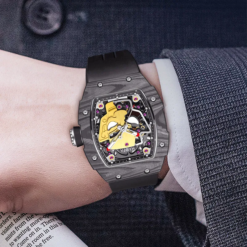 HaofaTourbillon Arknights Series Mechanical Movement Rubber Strap Watch Men's Watches Cut-Out Dial-3