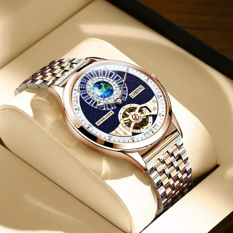 LOBINNI L Planet Watch Men's Automatic Mechanical Movement Cowhide Strap Watch Men's Watches Blue Dial-19