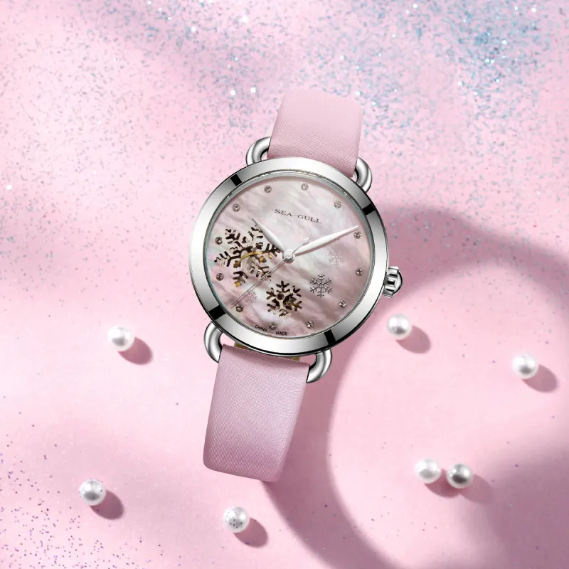 Sea Gull Hollow Series Automatic Mechanical Movement Spun Silk Strap Watch Women's Watch Pink Watch Dial 813.65.6029LK-6
