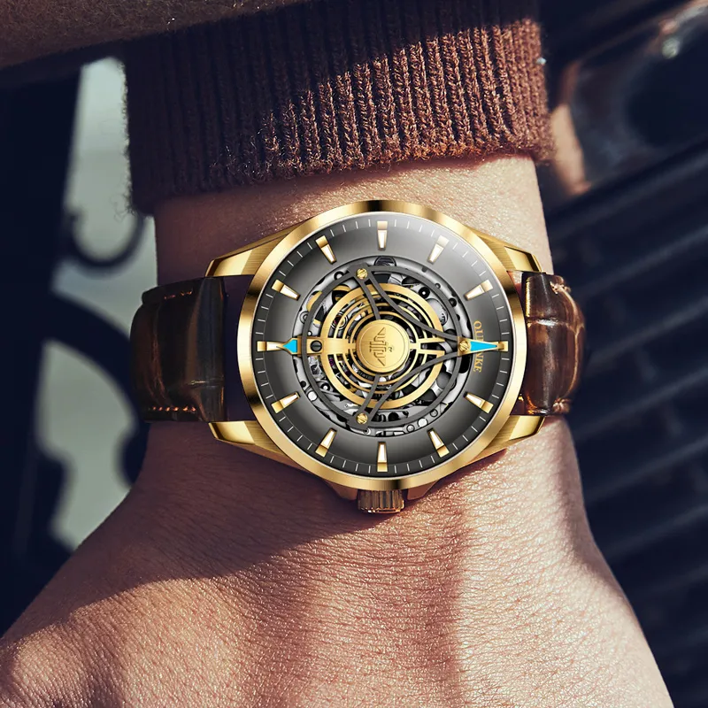 Oupinke Sky Eye Collection Mechanical Movement Leather Watch Bands Watch Men's Watches Black Dial-2