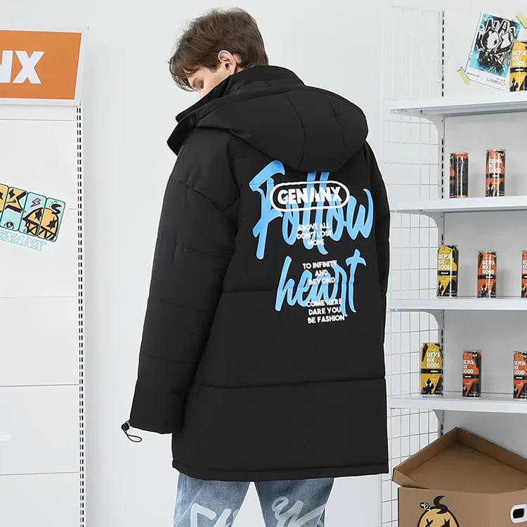 GENANX Letter Detachable Hood Loose Fit Mid Length Puffer Jacket Unisex-5
