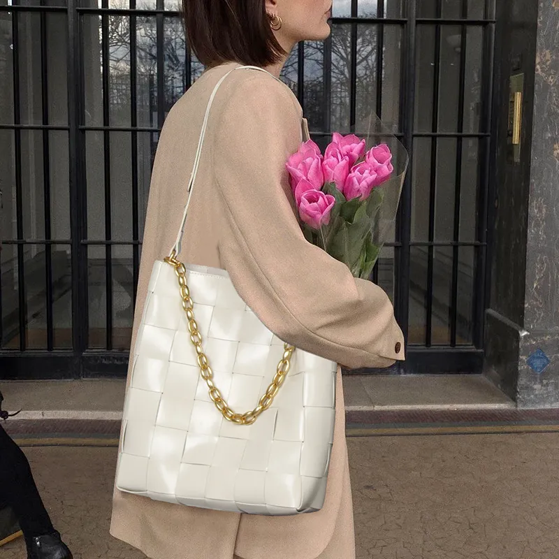 YOCAMU Cow Leather Woven Bag Bucket Bag Crossbody Bag Shoulder Bag Regular Women's White/Light Green-3
